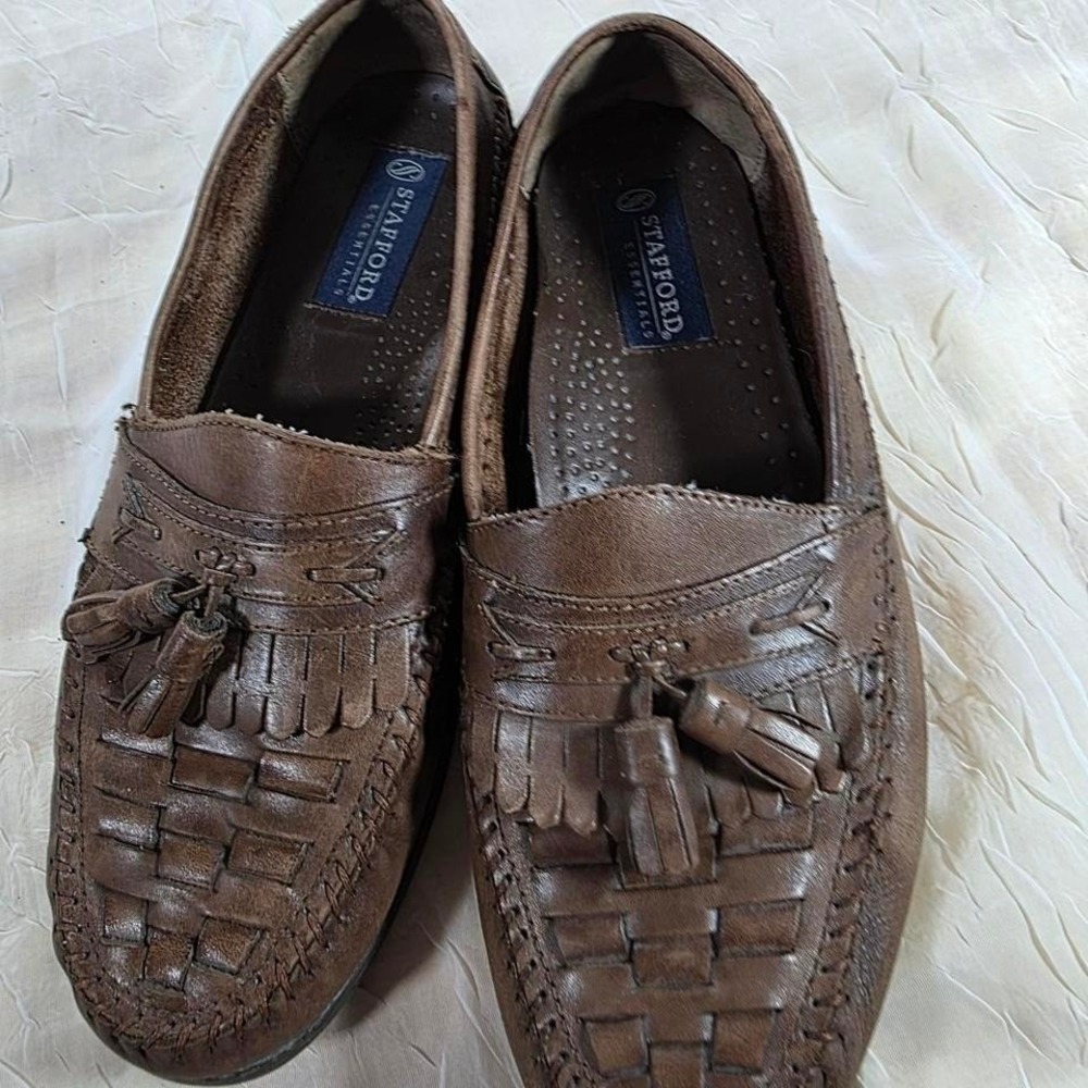 Stafford Essentials Mens Brown Leather Woven Kiltie Tassel Loafers 9M 014-1305